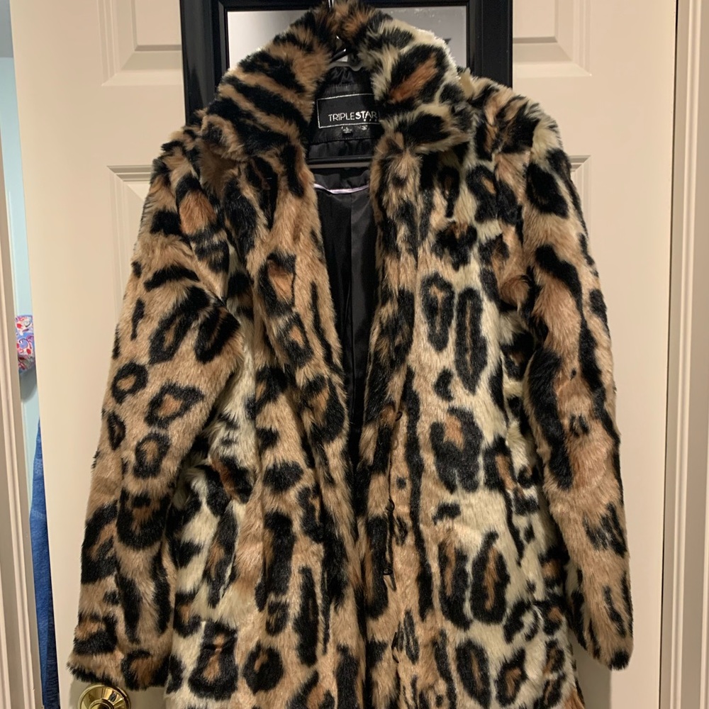 Triple Star Faux Fur Cheetah Print Coat, Size L